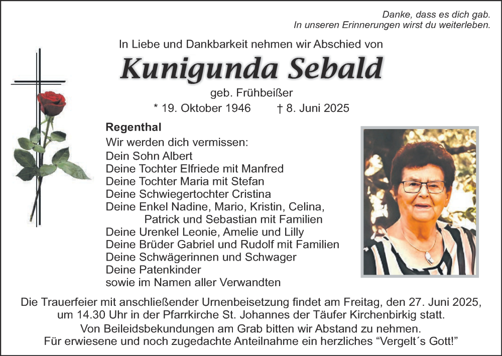  Traueranzeige für Kunigunda Sebald vom 26.06.2025 aus MGO