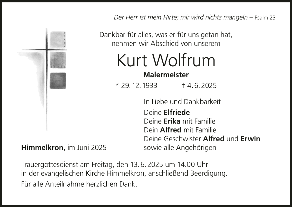  Traueranzeige für Kurt Wolfrum vom 07.06.2025 aus MGO