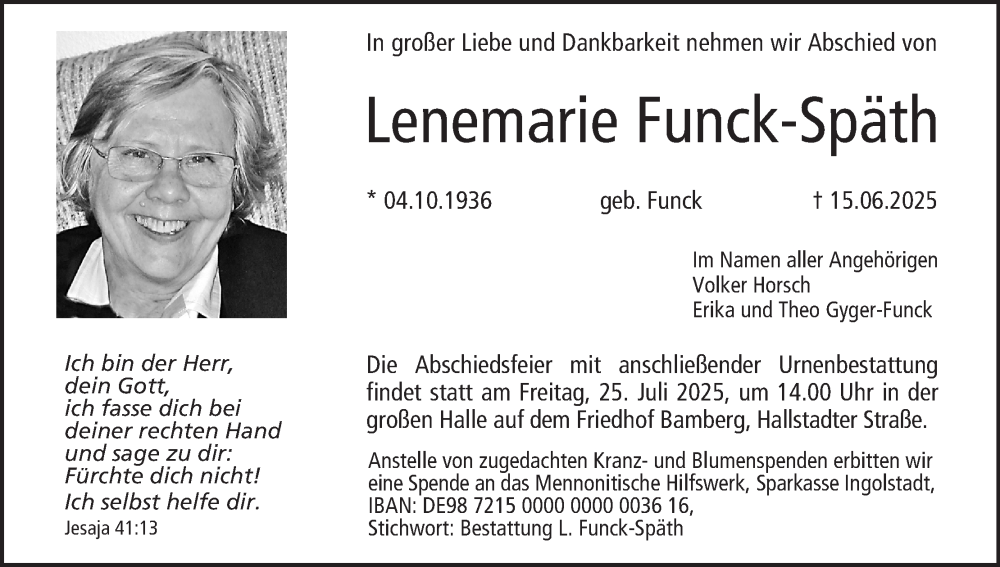  Traueranzeige für Lenemarie Funck-Späth vom 28.06.2025 aus MGO