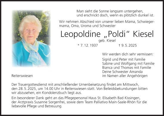 Anzeige von Leopoldine Kiesel von MGO