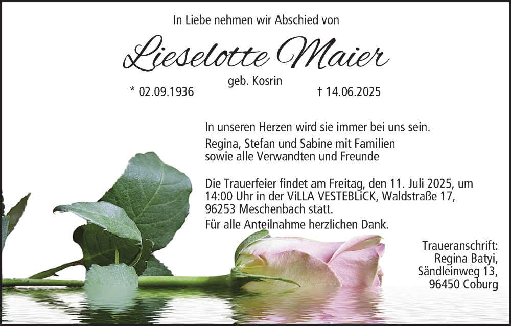  Traueranzeige für Lieselotte Maier vom 21.06.2025 aus MGO