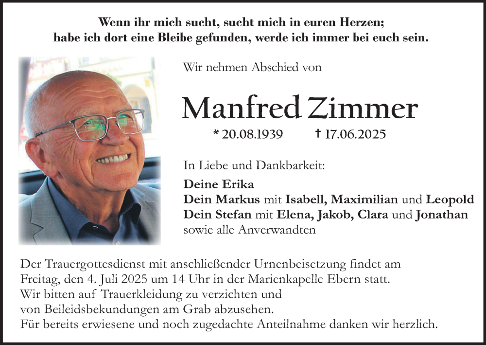  Traueranzeige für Manfred Zimmer vom 28.06.2025 aus MGO