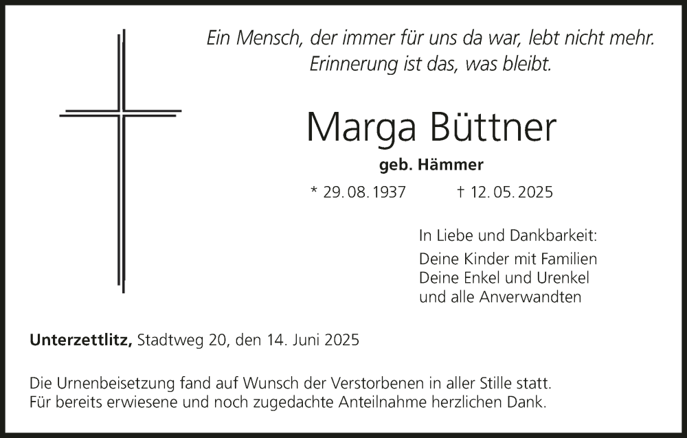  Traueranzeige für Marga Büttner vom 14.06.2025 aus MGO