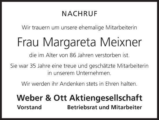 Anzeige von Margareta Meixner von MGO