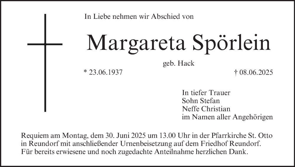  Traueranzeige für Margareta Spörlein vom 21.06.2025 aus MGO
