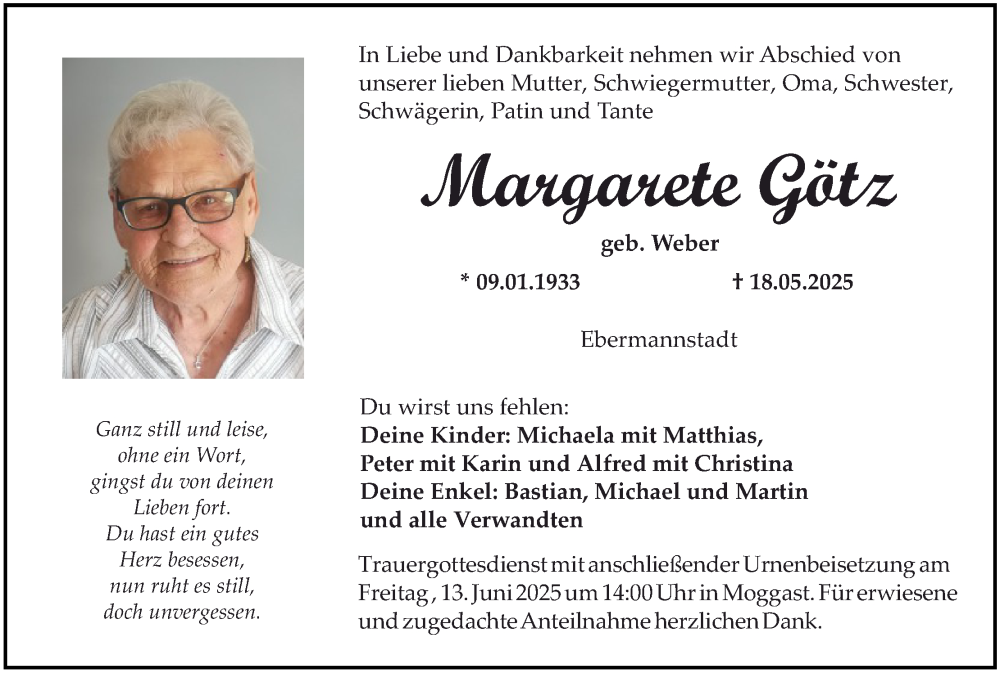  Traueranzeige für Margarete Götz vom 07.06.2025 aus MGO