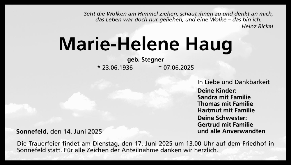  Traueranzeige für Marie-Helene Haug vom 14.06.2025 aus MGO