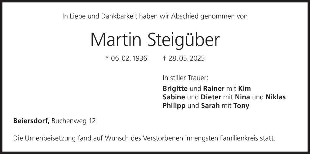  Traueranzeige für Martin Steigüber vom 07.06.2025 aus MGO