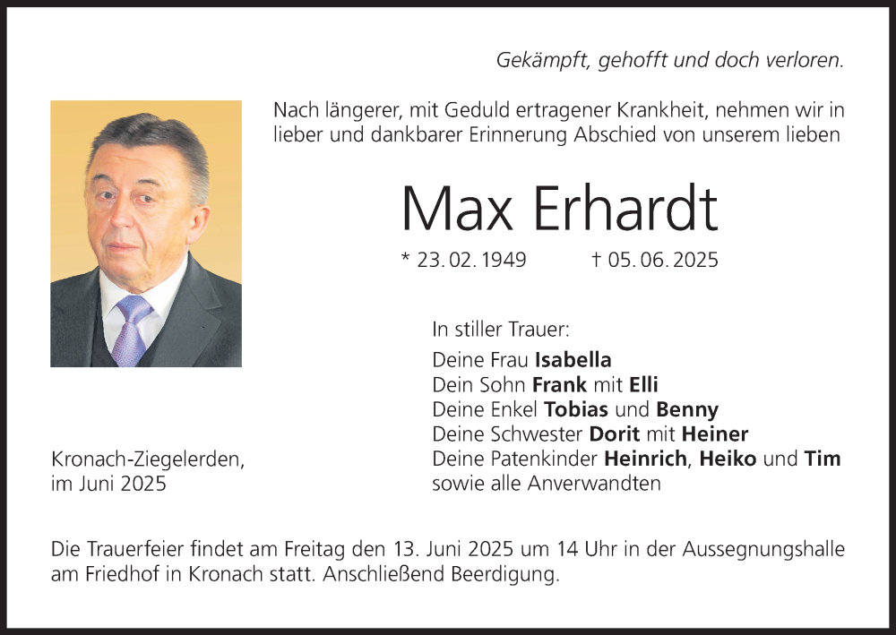  Traueranzeige für Max Erhardt vom 10.06.2025 aus MGO