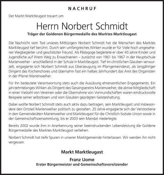 Anzeige von Norbert Schmidt von MGO