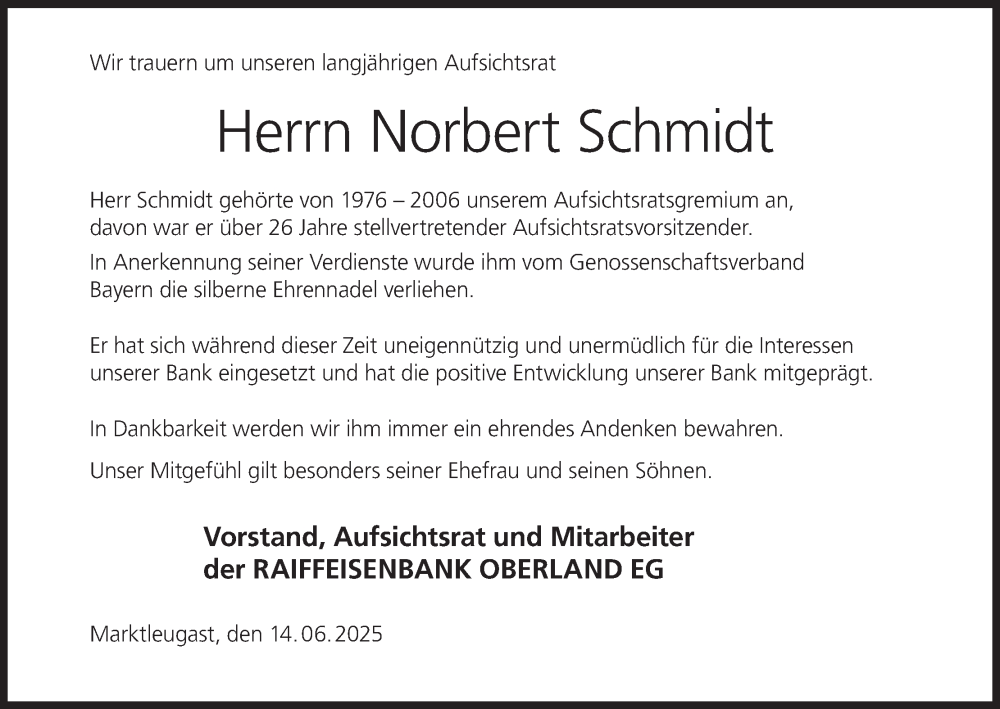  Traueranzeige für Norbert Schmidt vom 14.06.2025 aus MGO