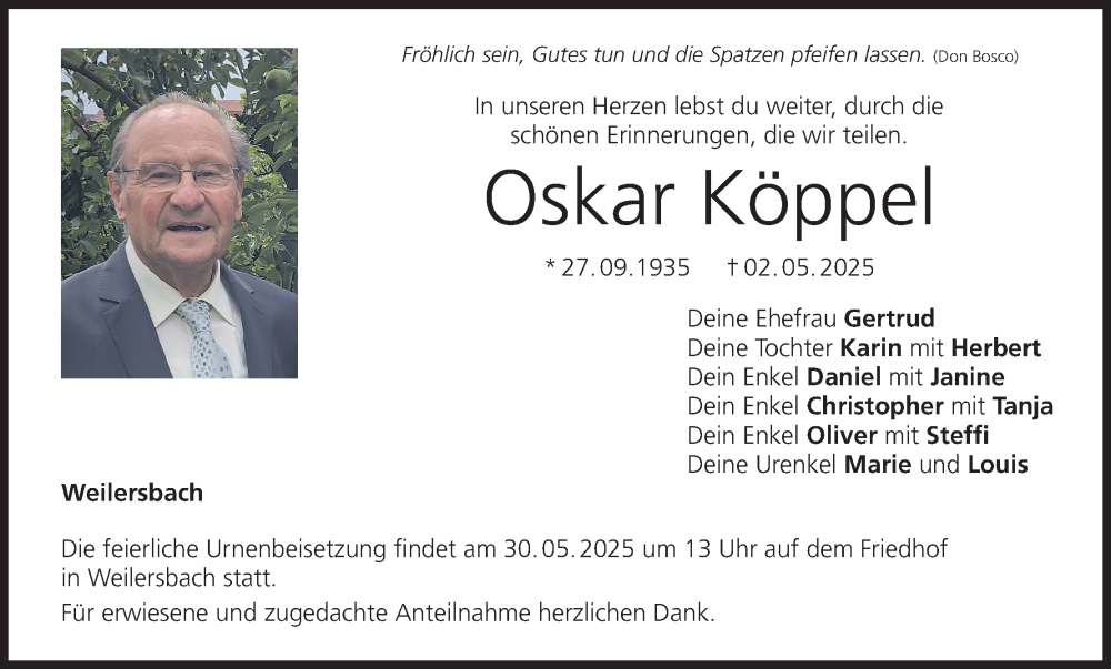  Traueranzeige für Oskar Köppel vom 24.05.2025 aus MGO