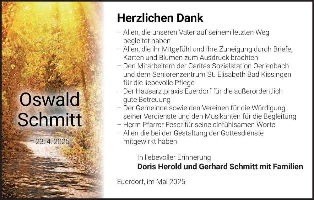  Traueranzeige für Oswald Schmitt vom 24.05.2025 aus MGO