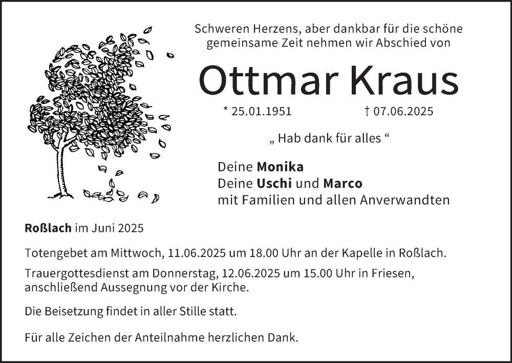  Traueranzeige für Ottmar Kraus vom 11.06.2025 aus MGO