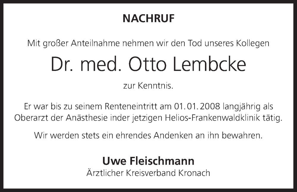  Traueranzeige für Otto Lembcke vom 07.06.2025 aus MGO