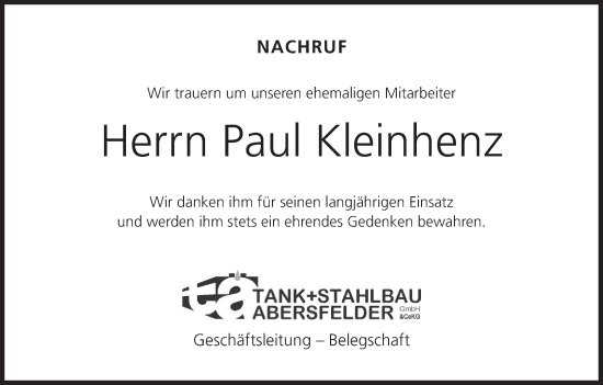 Anzeige von Paul Kleinhenz von MGO