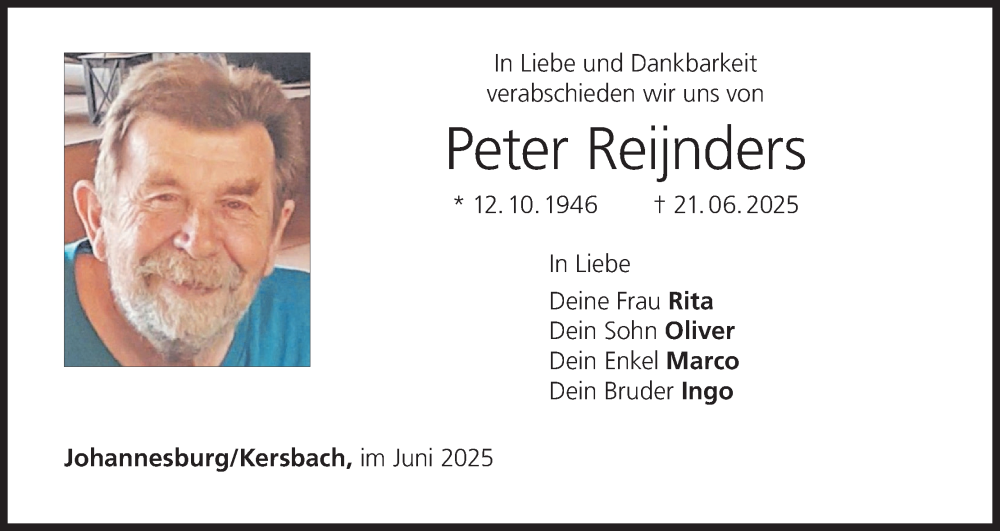  Traueranzeige für Peter Reijnders vom 28.06.2025 aus MGO