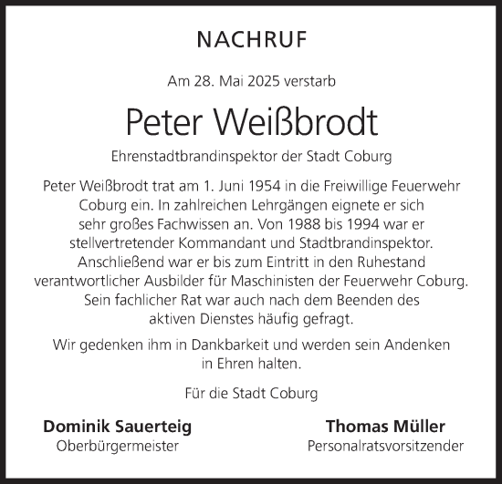 Anzeige von Peter Weißbrodt von MGO