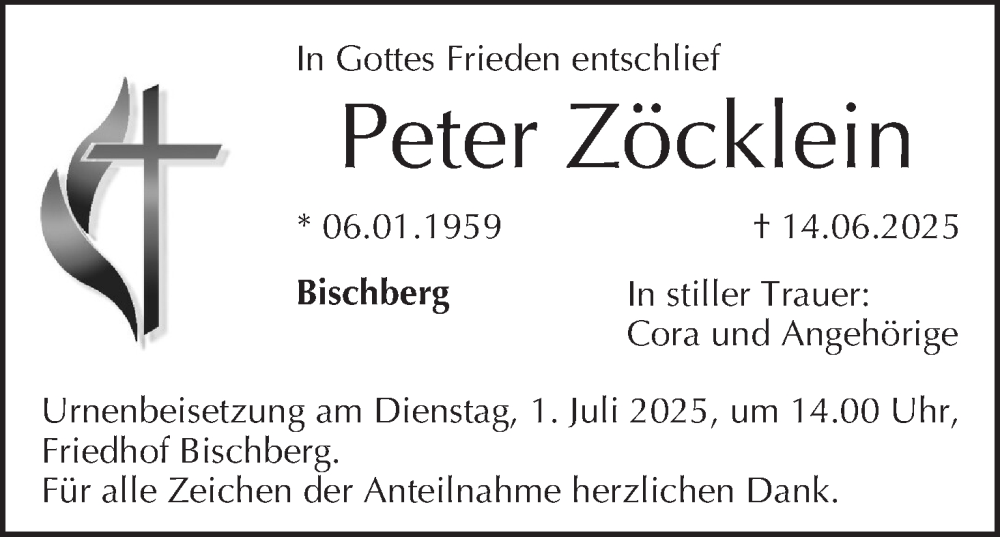  Traueranzeige für Peter Zöcklein vom 28.06.2025 aus MGO