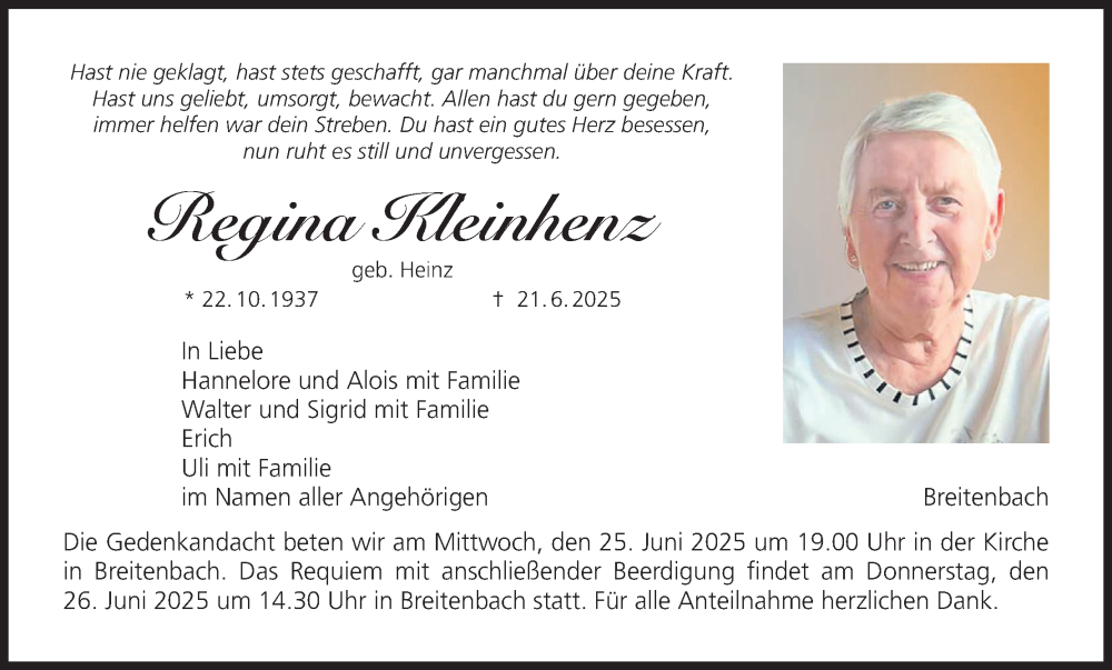  Traueranzeige für Regina Kleinhenz vom 24.06.2025 aus MGO
