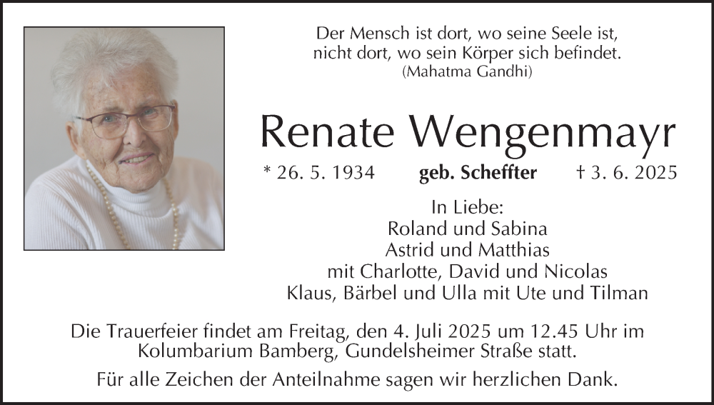  Traueranzeige für Renate Wengenmayr vom 28.06.2025 aus MGO
