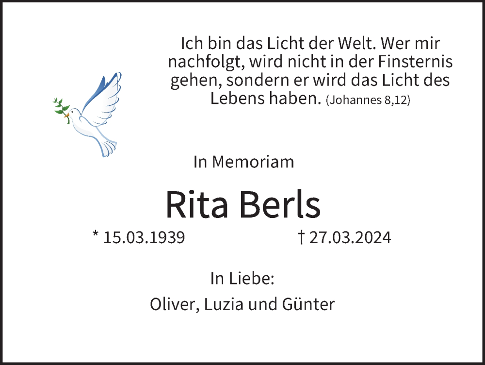  Traueranzeige für Rita Berls vom 12.06.2025 aus MGO