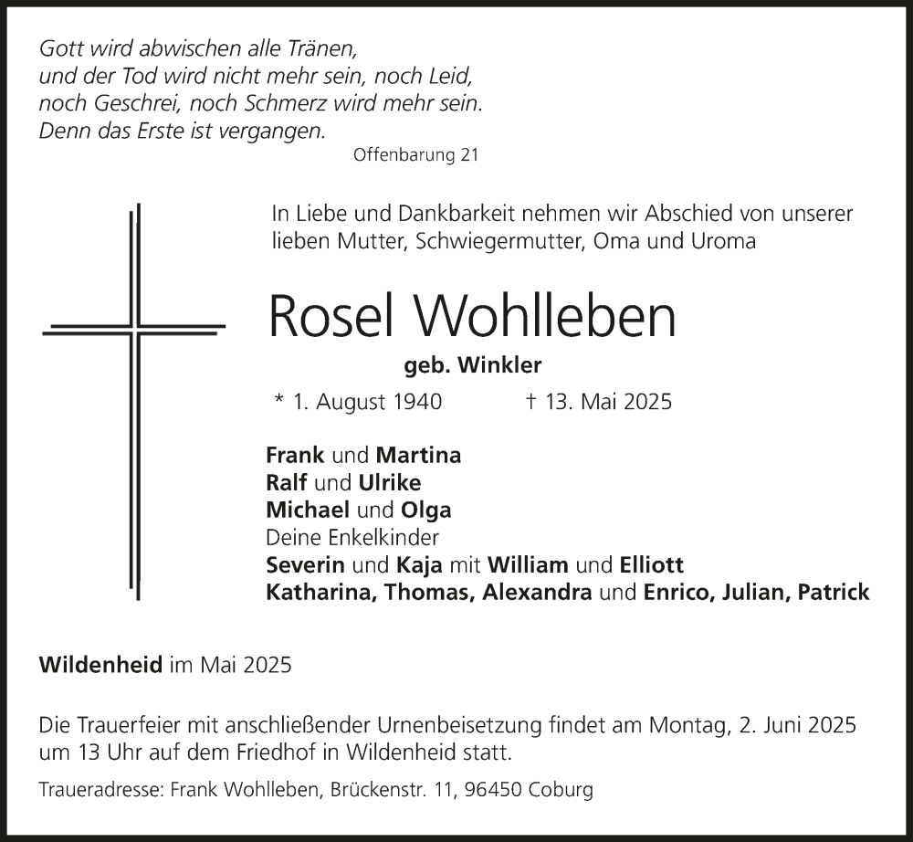  Traueranzeige für Rosel Wohlleben vom 24.05.2025 aus MGO