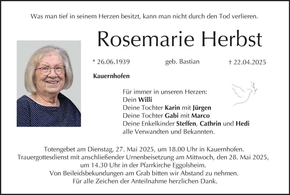  Traueranzeige für Rosemarie Herbst vom 24.05.2025 aus MGO
