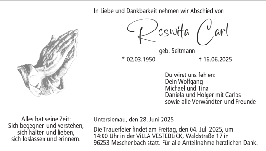 Anzeige von Roswitha Carl von MGO