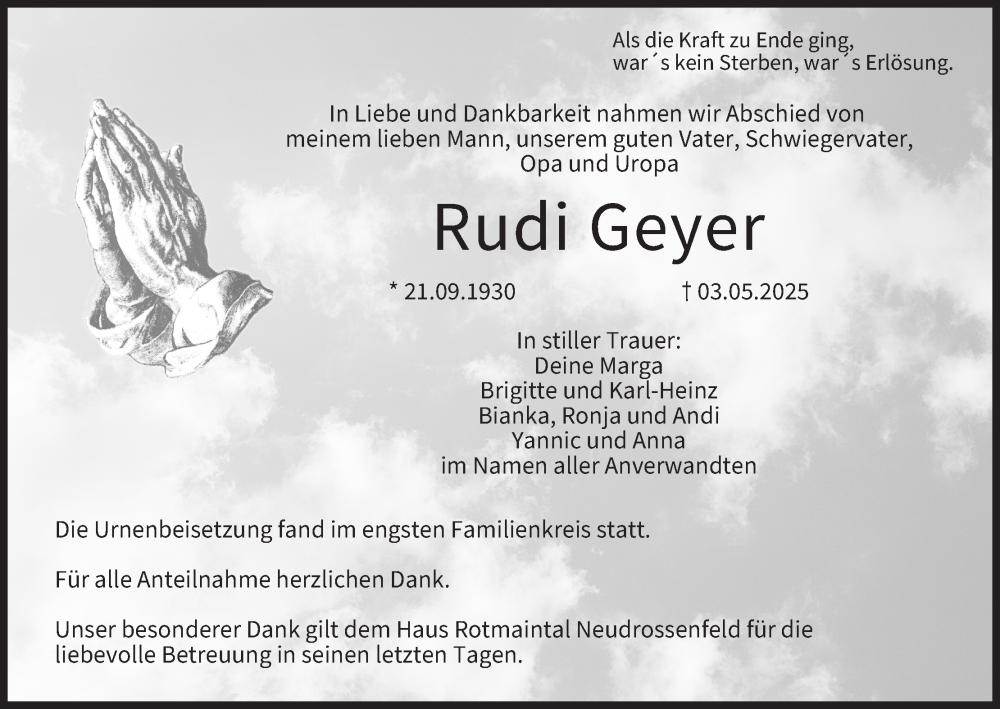  Traueranzeige für Rudi Geyer vom 21.06.2025 aus MGO