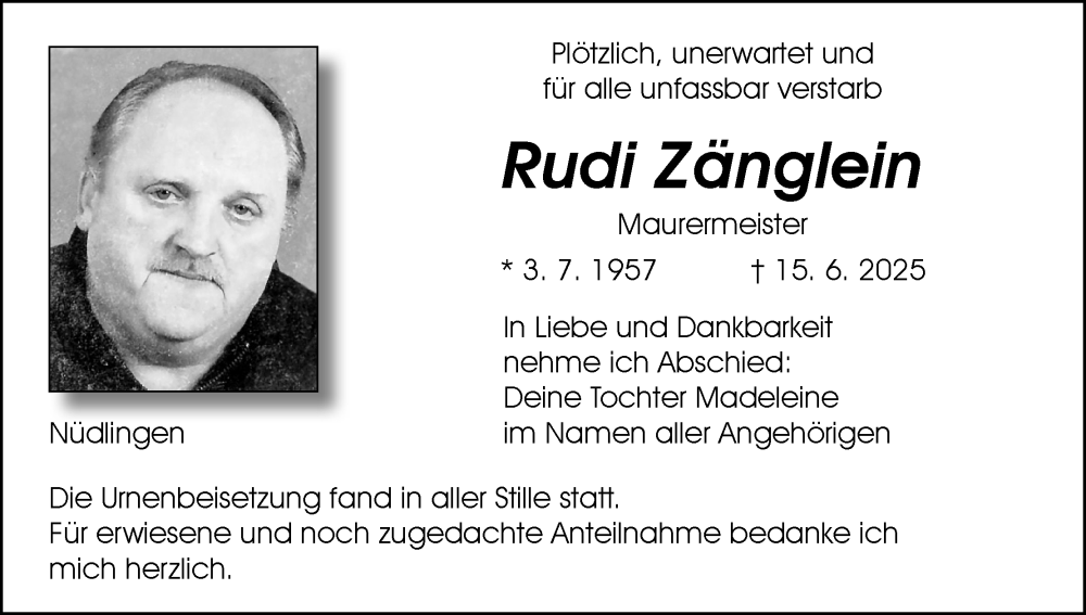  Traueranzeige für Rudi Zänglein vom 28.06.2025 aus MGO