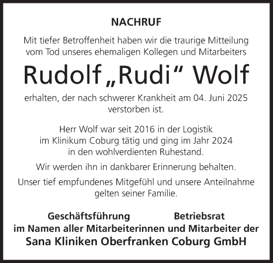 Anzeige von Rudolf Wolf von MGO