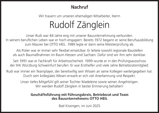 Anzeige von Rudolf Zänglein von MGO