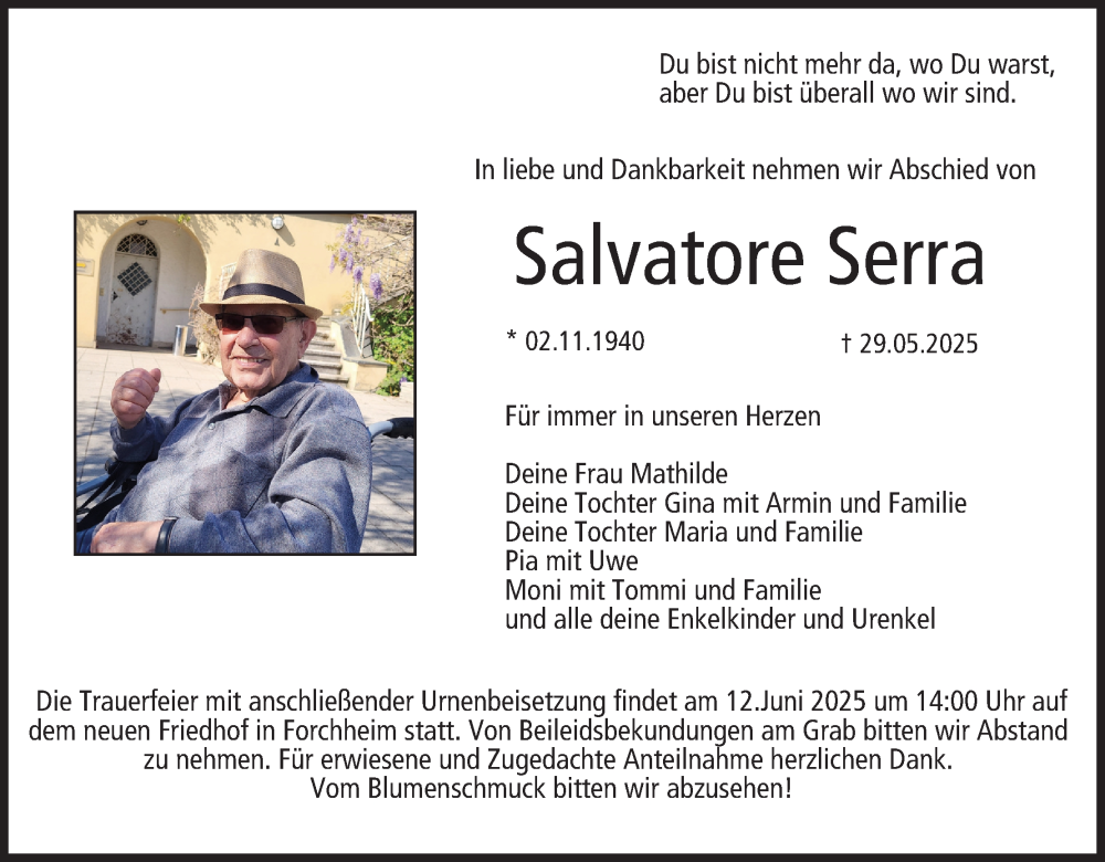  Traueranzeige für Salvatore Serra vom 07.06.2025 aus MGO