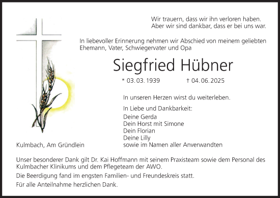 Anzeige von Siegfried Hübner von MGO