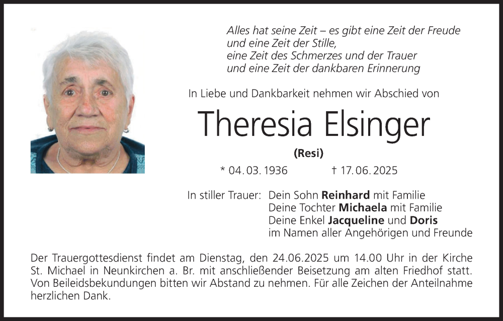  Traueranzeige für Theresia Elsinger vom 21.06.2025 aus MGO