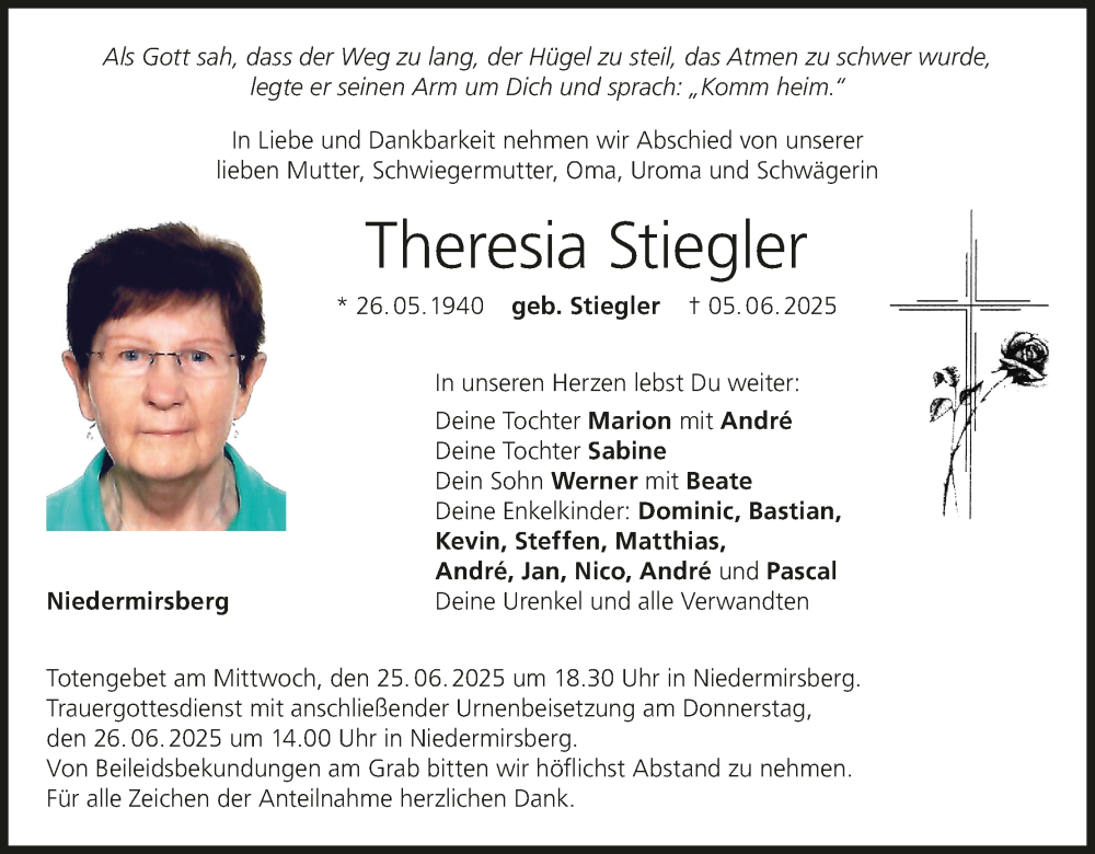  Traueranzeige für Theresia Stiegler vom 21.06.2025 aus MGO