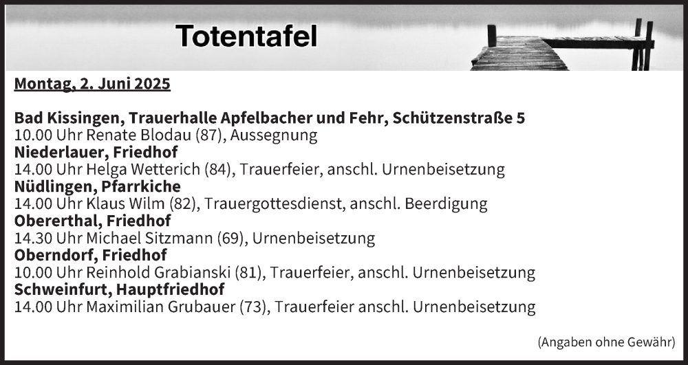  Traueranzeige für Totentafel vom 02.06.2025 vom 02.06.2025 aus MGO