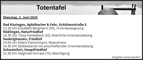 Anzeige von Totentafel vom 03.06.2025 von MGO
