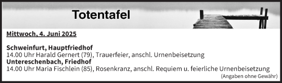 Anzeige von Totentafel vom 04.06.2025 von MGO