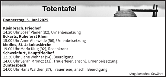 Anzeige von Totentafel vom 05.06.2025 von MGO