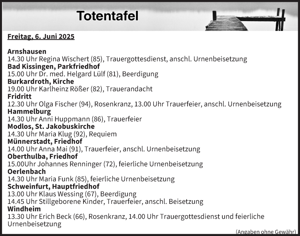  Traueranzeige für Totentafel vom 06.06.2025 vom 06.06.2025 aus MGO