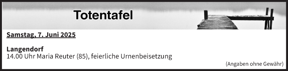  Traueranzeige für Totentafel vom 07.06.2025 vom 07.06.2025 aus MGO
