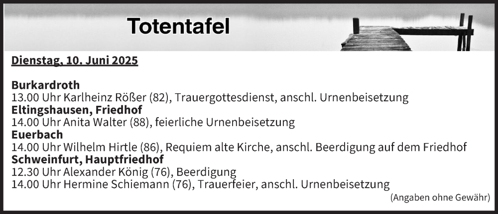  Traueranzeige für Totentafel vom 10.06.2025 vom 10.06.2025 aus MGO