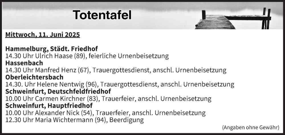  Traueranzeige für Totentafel vom 11.06.2025 vom 11.06.2025 aus MGO