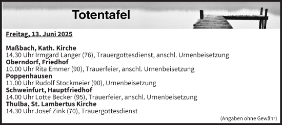 Anzeige von Totentafel vom 13.06.2025 von MGO