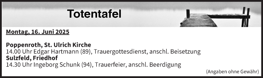  Traueranzeige für Totentafel vom 16.06.2025 vom 16.06.2025 aus MGO
