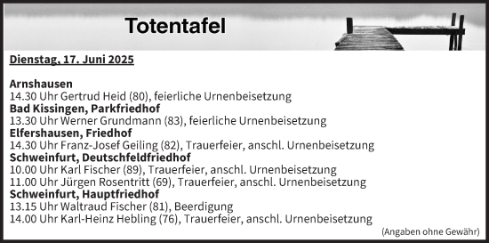 Anzeige von Totentafel vom 17.06.2025 von MGO