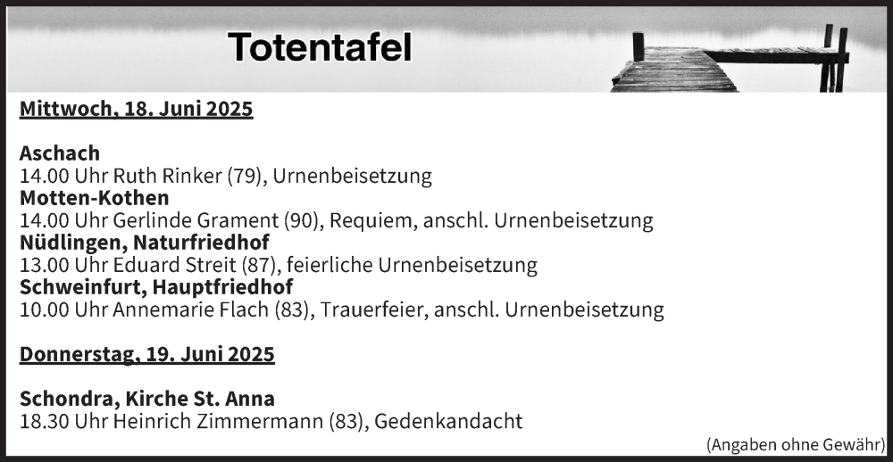  Traueranzeige für Totentafel vom 18.06.2025 vom 18.06.2025 aus MGO