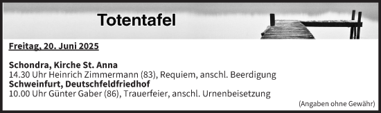 Anzeige von Totentafel vom 20.06.2025 von MGO